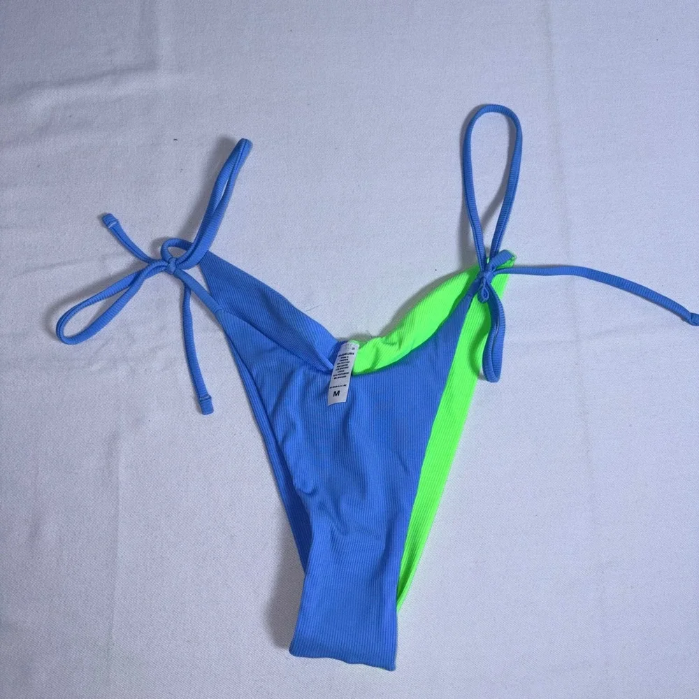 Maaji string tie up Bikini Set Medium Blue Neon Green NEW Ribbed Colorblock